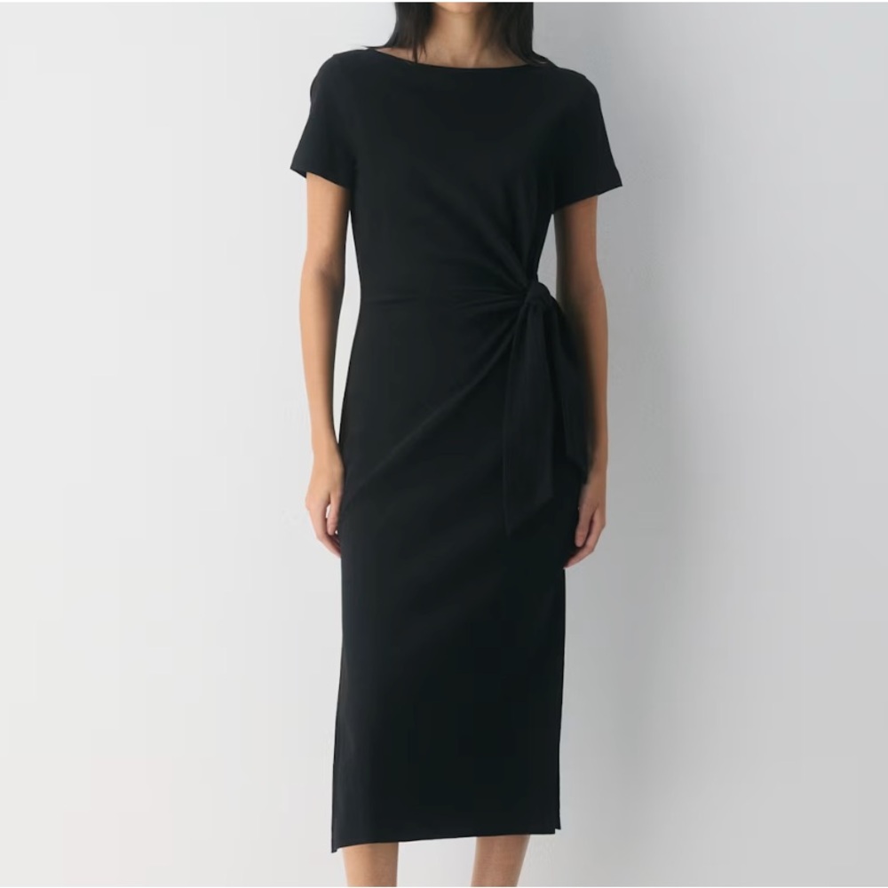 Aritzia Black Side-Tie Short Sleeve Midi Dress